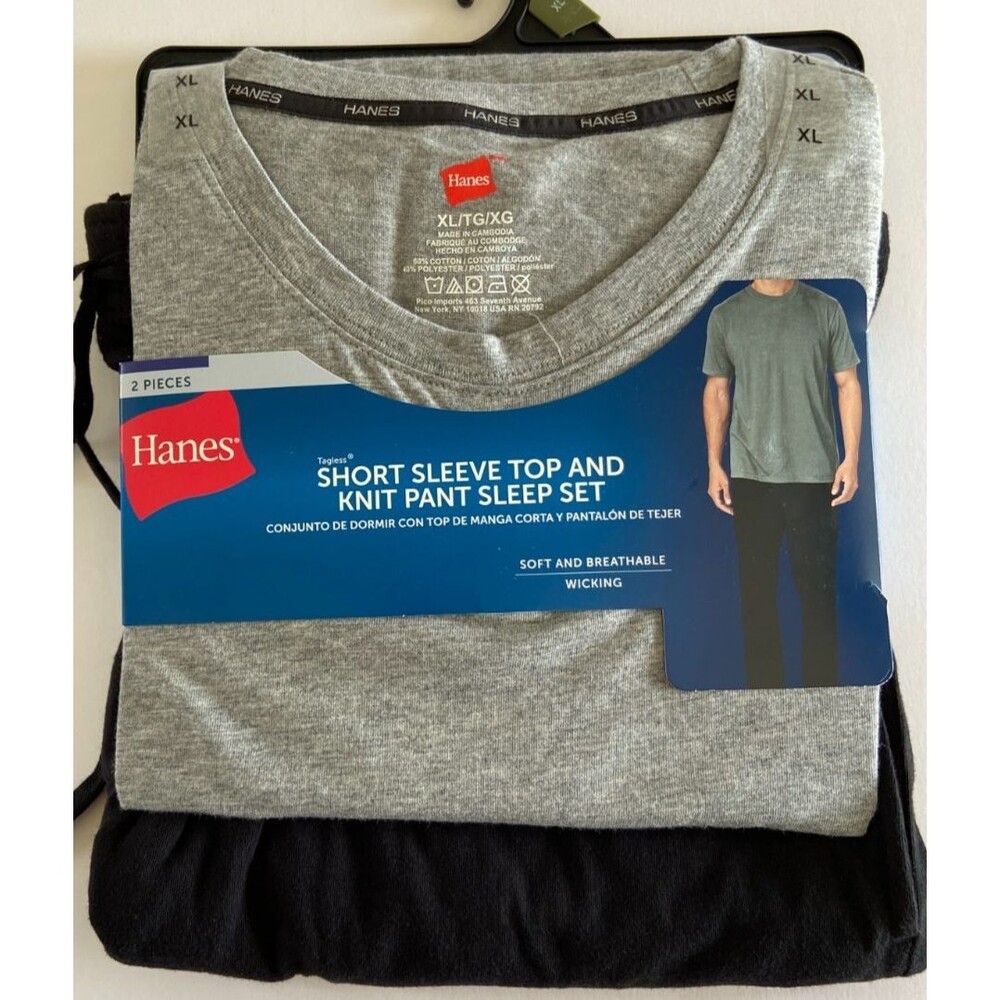 Hanes Mens Short Sleeve Top and Knit Pant Sleep Set XL Grey Black New
